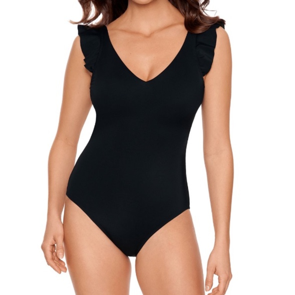 Time and Tru Black One-Piece Ruffle Strap Low Back Swimsuit Size S (4-6)